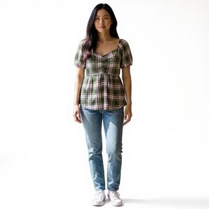 Womens Plaid Babydoll Top Size XL Sage Green Puff Sleeve Ruched Peasant Smocked